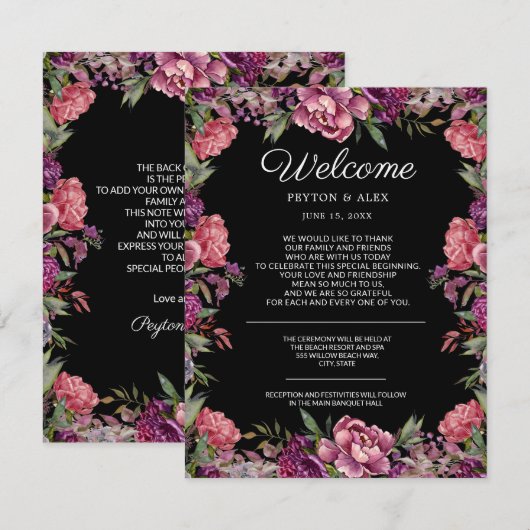 Paarse Roze Bloemige Zwarte Trouw Welkom  Informatiekaartje (Voorkant / Achterkant)
