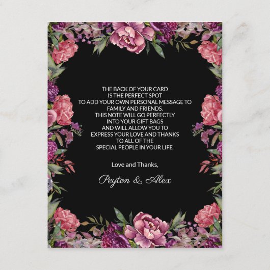 Paarse Roze Bloemige Zwarte Trouw Welkom  Informatiekaartje (Achterkant)