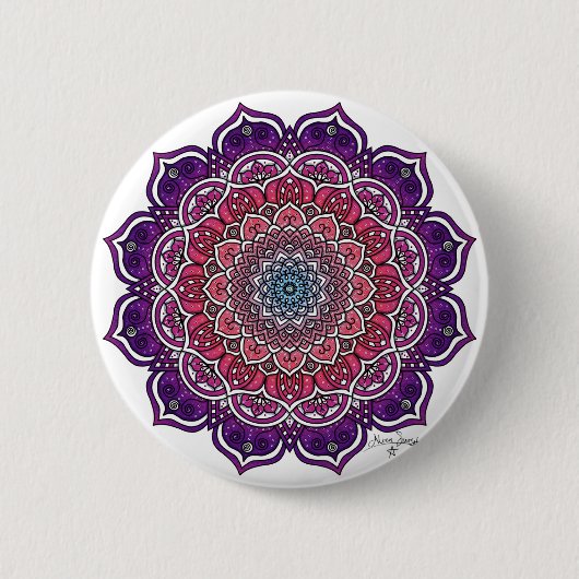 Paarse-Roze Bloemmandala Ronde Button 5,7 Cm (Voorkant)