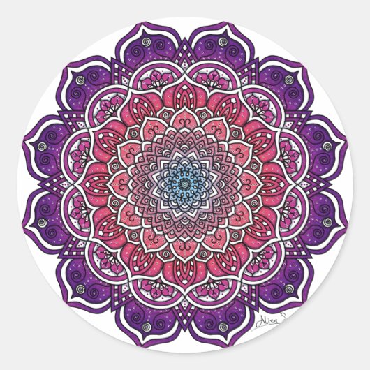Paarse-Roze Bloemmandala Ronde Sticker (Voorkant)