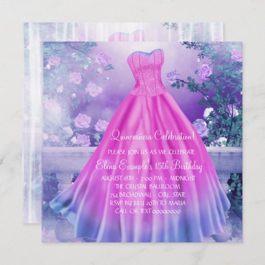 Paarse roze bloemprinses quinceañera kaart (Voorkant / Achterkant)