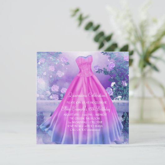 Paarse roze bloemprinses quinceañera kaart (Staand voorkant)