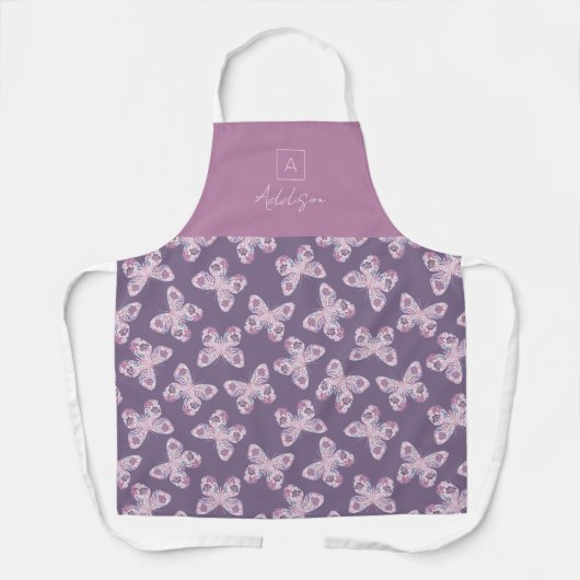 Paarse Roze Bloemvlinder Gepersonaliseerd Monogram Schort (Voorkant)