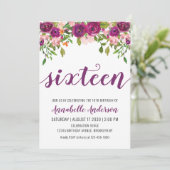 Paarse Roze Blush Floral Waterverf 16e verjaardag Kaart (Staand voorkant)