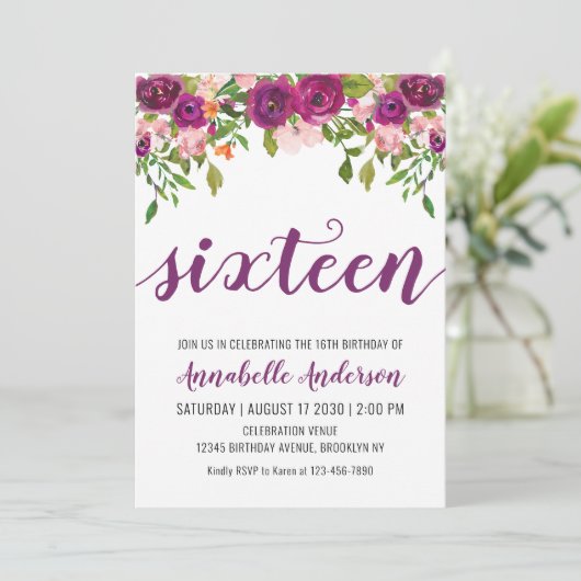 Paarse Roze Blush Floral Waterverf 16e verjaardag Kaart (Staand voorkant)