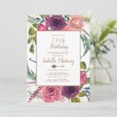 Paarse roze Boho Feather Floral Gold 75e verjaarda Kaart (Staand voorkant)