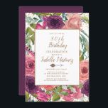 Paarse roze Boho Feather Floral Gold 80th Birthday Kaart<br><div class="desc">Paarse,  Bourgogne en wazige roze veenachtige flora,  veren en pijl met gouden glitter op uitnodiging van het 80ste verjaardagsfeest. Neem contact met ons op voor hulp bij aanpassingen of om passende producten aan te vragen.</div>