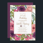 Paarse roze Boho Feather Floral Gold 80th Birthday Kaart<br><div class="desc">Paarse,  Bourgogne en wazige roze veenachtige flora,  veren en pijl met gouden glitter op uitnodiging van het 80ste verjaardagsfeest. Neem contact met ons op voor hulp bij aanpassingen of om passende producten aan te vragen.</div>