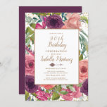 Paarse roze Boho Feather Floral Gold 90th Birthday Kaart<br><div class="desc">Paarse,  Bourgogne en wazige roze veenachtige flora,  veren en pijl met gouden glitter op uitnodiging van het 90ste verjaardagsfeest. Neem contact met ons op voor hulp bij aanpassingen of om passende producten aan te vragen.</div>