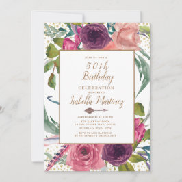 Paarse Roze Boho Veer Bloemig Goud 50e Verjaardag Kaart