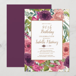 Paarse Roze Boho Veer Bloemig Goud 90ste Verjaarda Kaart
