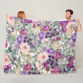 Paarse Roze Boho Watercolor Bloemen Fleece Deken