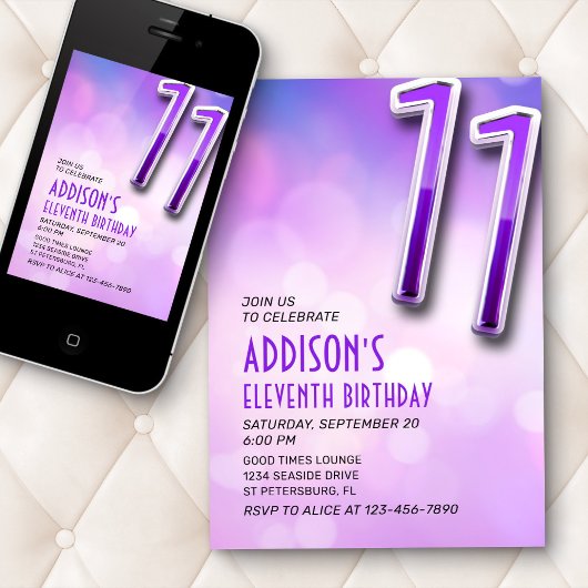 Paarse Roze Bokeh 11e Verjaardagsuitnodiging Kaart