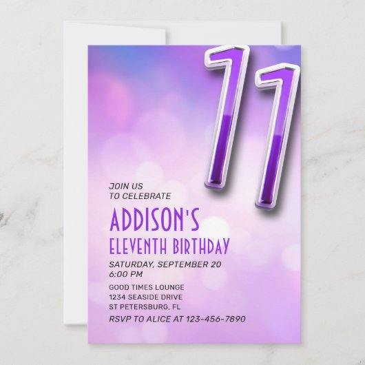 Paarse Roze Bokeh 11e Verjaardagsuitnodiging Kaart (Voorkant)