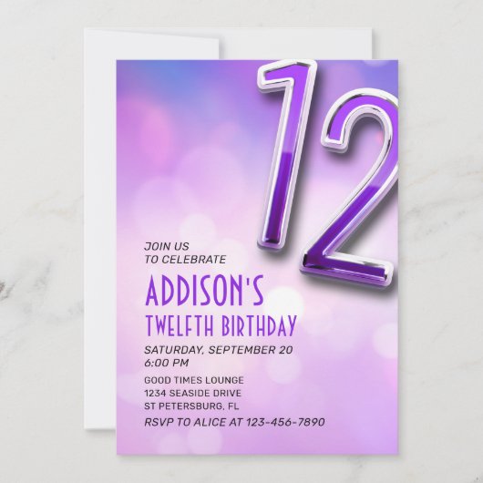 Paarse Roze Bokeh 12e Verjaardagsuitnodiging Kaart (Voorkant)