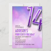 Paarse Roze Bokeh 14e Verjaardagsuitnodiging Kaart (Voorkant)