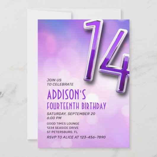 Paarse Roze Bokeh 14e Verjaardagsuitnodiging Kaart (Voorkant)