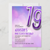 Paarse Roze Bokeh 19e Verjaardagsuitnodiging Kaart (Voorkant)