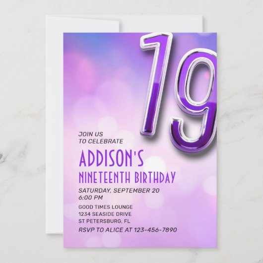 Paarse Roze Bokeh 19e Verjaardagsuitnodiging Kaart (Voorkant)