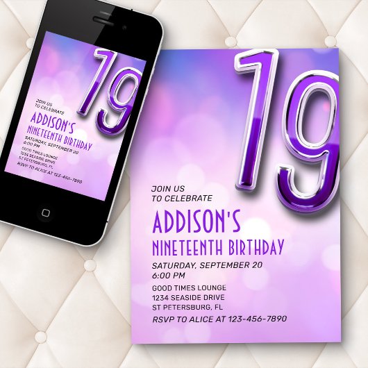 Paarse Roze Bokeh 19e Verjaardagsuitnodiging Kaart