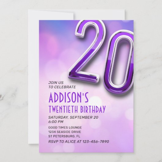 Paarse Roze Bokeh 20e Verjaardagsuitnodiging Kaart (Voorkant)