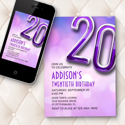 Paarse Roze Bokeh 20e Verjaardagsuitnodiging Kaart