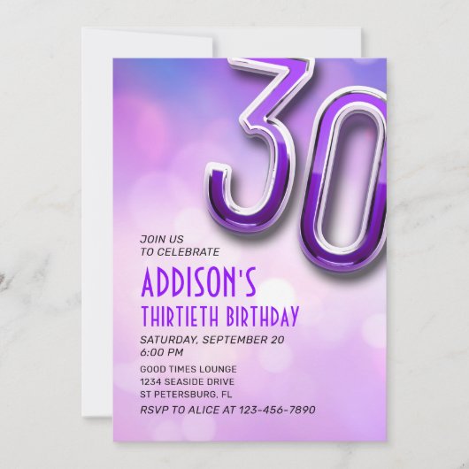 Paarse Roze Bokeh 30e Verjaardagsuitnodiging Kaart (Voorkant)