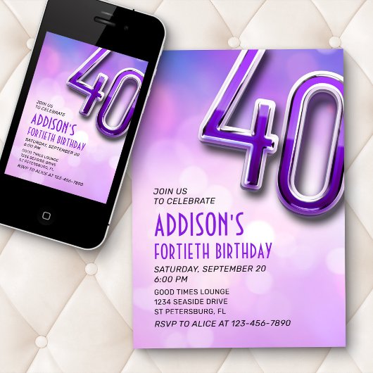 Paarse Roze Bokeh 40e Verjaardagsuitnodiging Kaart