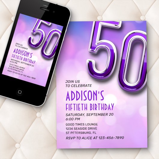 Paarse Roze Bokeh 50e Verjaardagsuitnodiging Kaart