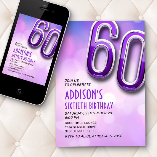 Paarse Roze Bokeh 60e Verjaardagsuitnodiging Kaart