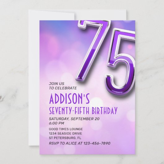 Paarse Roze Bokeh 75e Verjaardagsuitnodiging Kaart (Voorkant)