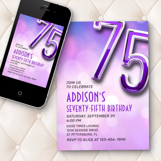 Paarse Roze Bokeh 75e Verjaardagsuitnodiging Kaart