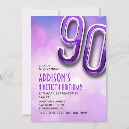 Paarse Roze Bokeh 90e Verjaardagsuitnodiging Kaart (Voorkant)
