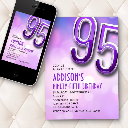 Paarse Roze Bokeh 95e Verjaardagsuitnodiging Kaart
