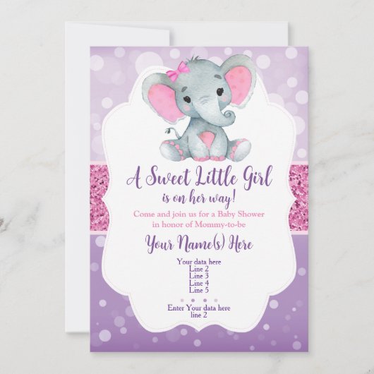 Paarse Roze Bokeh Olifant Invitation Glitter Kaart (Voorkant)