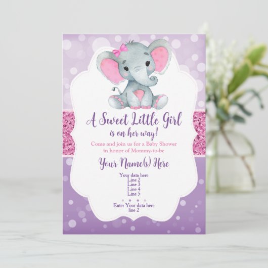 Paarse Roze Bokeh Olifant Invitation Glitter Kaart (Staand voorkant)