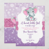 Paarse Roze Bokeh Olifant Invitation Glitter Kaart (Voorkant / Achterkant)