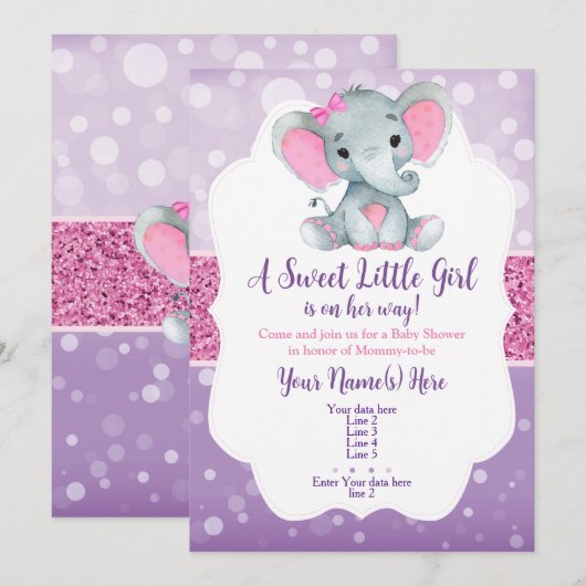 Paarse Roze Bokeh Olifant Invitation Glitter Kaart (Voorkant / Achterkant)