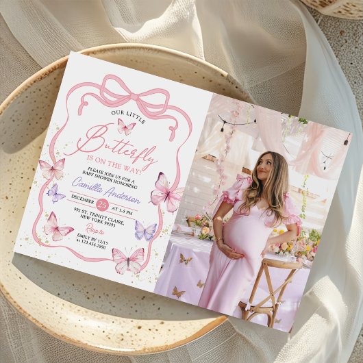 Paarse Roze Bow Butterfly Girl Baby shower Foto Kaart
