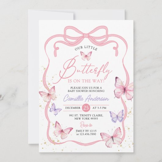 Paarse Roze Bow Butterfly Girl Baby shower Kaart (Voorkant)