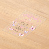 Paarse Roze Bow Butterfly Girl Verjaardagsfeestje Acryl Uitnodigingen (Laagn)