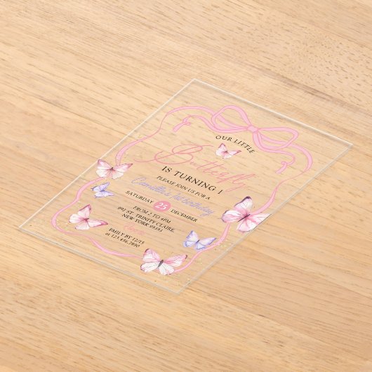 Paarse Roze Bow Butterfly Girl Verjaardagsfeestje Acryl Uitnodigingen (Laagn)