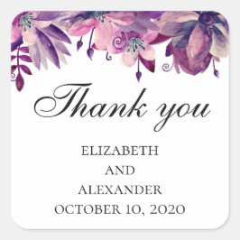 Paarse roze bruiloft dank u. Waterverf bloemen Vierkante Sticker
