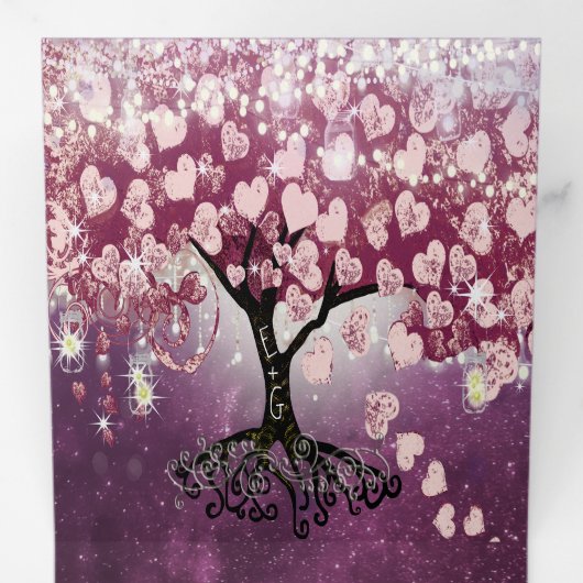 Paarse roze bruine wijn - Heart Leaf Tree Weddensc Drieluik Uitnodiging (Binnenzijde eerst)