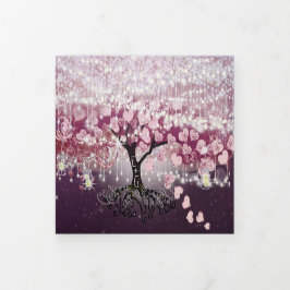 Paarse roze bruine wijn - Heart Leaf Tree Weddensc Drieluik Uitnodiging