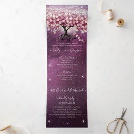 Paarse roze bruine wijn - Heart Leaf Tree Weddensc Drieluik Uitnodiging