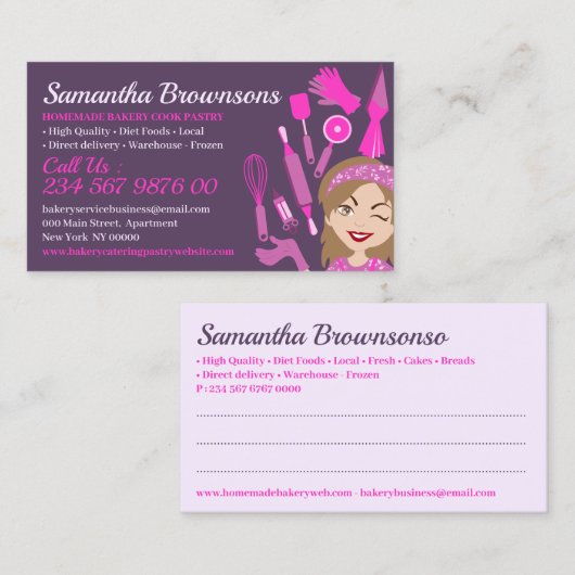 Paarse roze Cartoon Lady Bakery Cake Pastry Cook Visitekaartje (Voorkant / Achterkant)