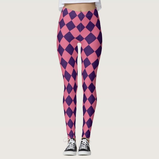 Paarse Roze Checker Diamantpatroon Leggings (Voorkant)