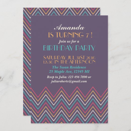 Paarse roze Chevron Birthday Kaart (Voorkant / Achterkant)