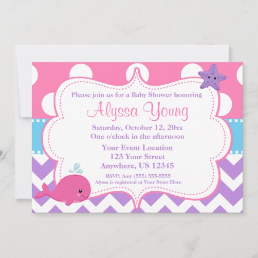Paarse roze Chevron Whale Invitation Kaart (Voorkant)